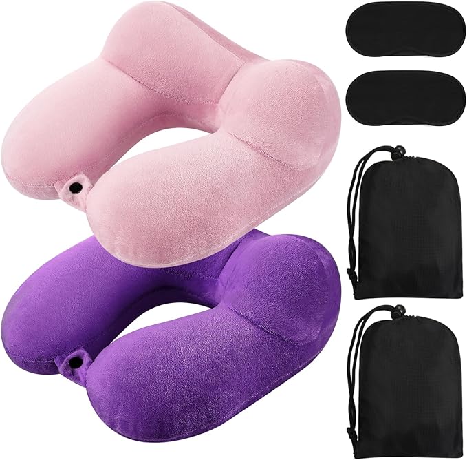 Sintuff 2 Pack Inflatable Travel Pillow for Airplanes Inflatable Neck Flight Pillows with Compact Bag and Blindfold for Traveling, Airplane, Train, Car, Office(Light Pink and Violet)