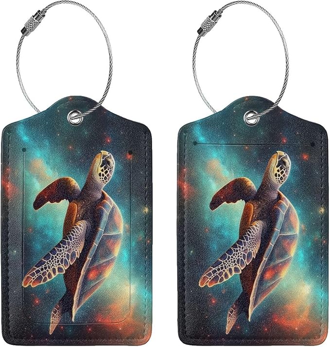 Sea Turtle Leather Luggage Tag with Stainless Steel Ring, Fun Name Id Card Cover Travel Bag Tag Set, Suitable for Travel Bag Luggage Women Men 1 PCS