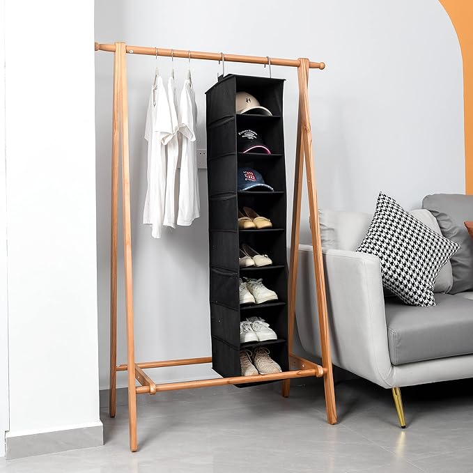Hanging Shoe Organizer for Closet with Side Mesh Pockets，Hat Racks for Baseball Caps，Shoe and Hat Holder & Storage，8-Shelf，Black，1 Pack