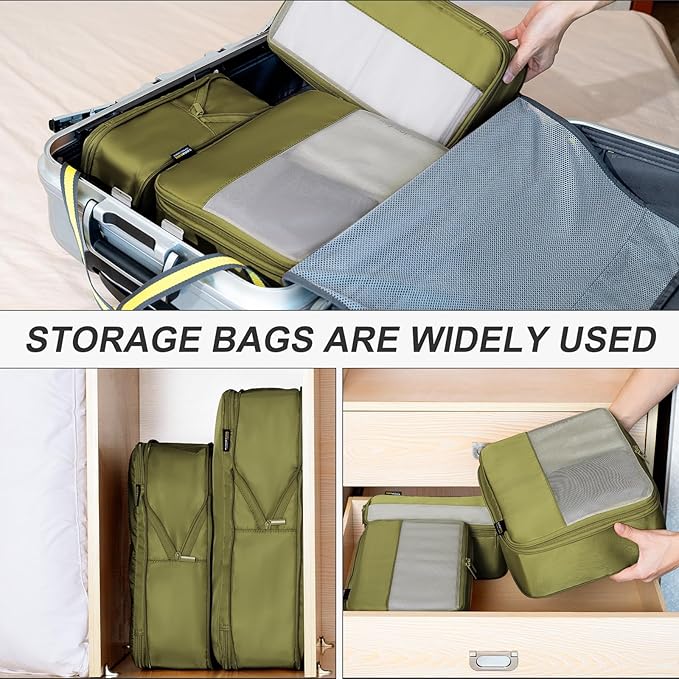 5 Set Compression Packing Cubes for Travel, Space Saving Luggage Organizer Bags (Army Green)