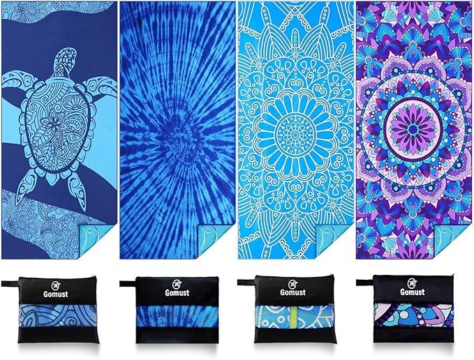 4 Pack Lightweight Thin Beach Towel Oversized 71"x32" Big Extra Large Microfiber Sand Free Towels for Adult Quick Dry Travel Camping Beach Accessories Vacation Gift Blue Turtles Tie Dye Mandala