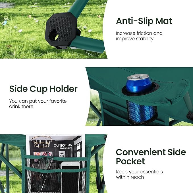 HIGH POINT SPORTS 2 Pack Portable Camping Chair for Adults, Folding Outdoor Camp Chair Lightweight Lawn Chairs Folding Collapsible Chair for Camping, Tailgates, Beach, Green, Support 225lbs