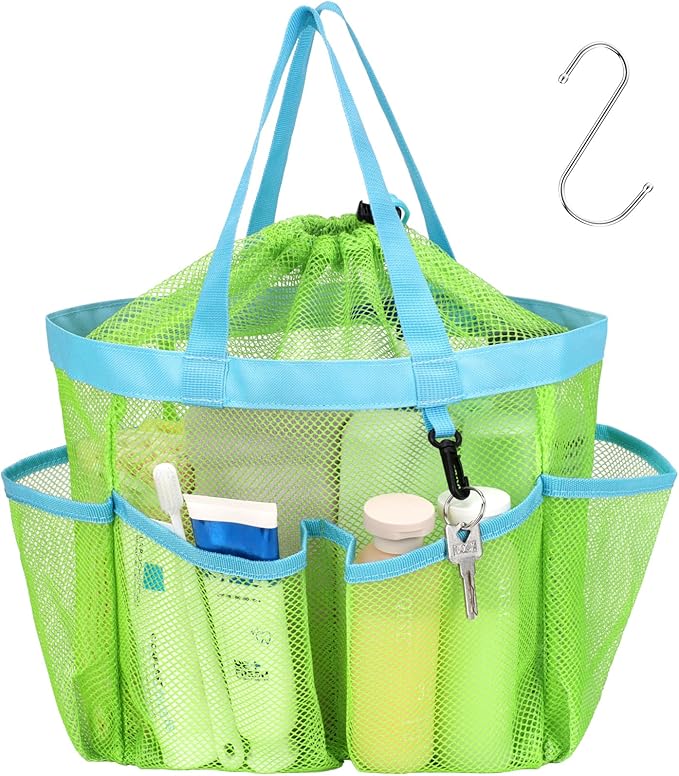 F-color Mesh Shower Caddy Portable with Drawstring - Upgrade Deeper 7 Pockets Dorm Room Essentials for Guys Girls with S Hook, Shower Bag Basket Tote for College Camping Toiletry Bathroom, Green