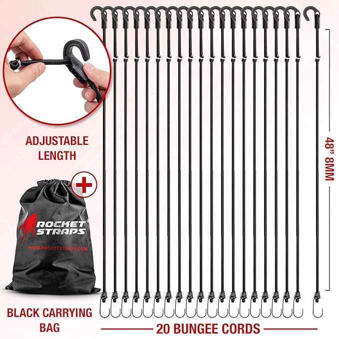 Rocket Straps - Ultimate Adjustable Outdoor Bungee Cord Assortment - Heavy Duty Set of 20 Bungee Cords (48") Double-J Hooks - Elastic Straps for Camping, Securing, and DIY Multipurpose