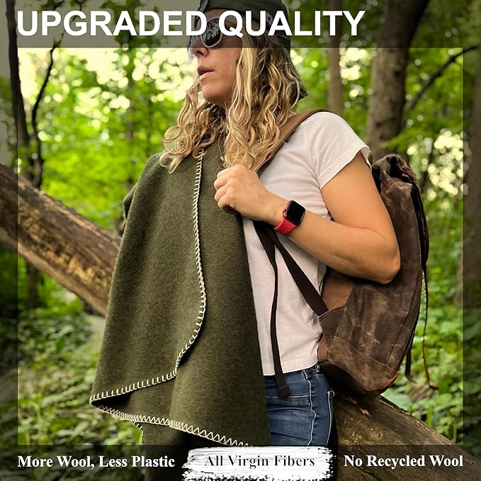 EKTOS 100% Virgin Wool Blanket, 50" x 60", Perfect for Camping, Outdoor Essentials (Olive Green, Throw Size)