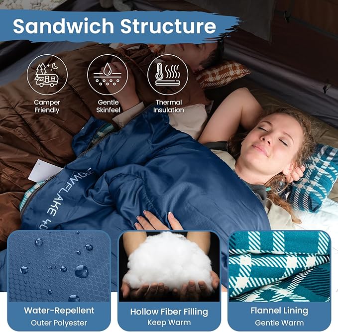 KingCamp Sleeping Bag for Adults, Cold Weather & Warm XL Big and Tall Flannel Sleeping Bags with Compression Sack Portable Waterproof Essentials Gear Accessories for Outdoor Camping