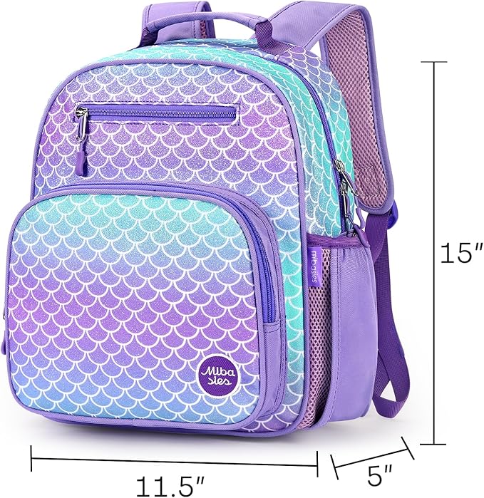 mibasies Girls Backpack 5-8: Glitter Kids Backpacks for Girls - Girl Bookbag for Elementary School - Fish Scale Purple