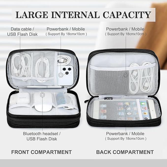FYY Electronic Organizer, Large Travel Cable Organizer Bag Pouch Electronic Accessories Carry Case Portable Waterproof Double Layers All-in-One Storage Bag for Cable, Cord, Charger, Phone, Black
