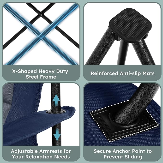 Oversized Camping Chairs 2 Pack - 450lbs Support Heavy Duty Folding Camp Chair Wide Portable Outside Collapsible Chairs with Carry Bag,Cooler,Cup Holder for Outdoor,Lawn,Sports,Baseball,Soccer-Navy