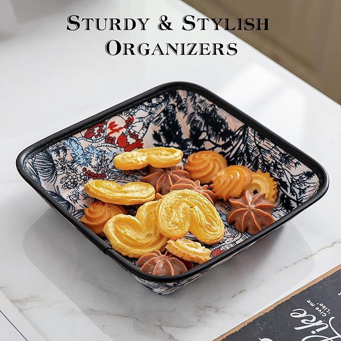 2025 Improved Design Premium Square Fabric Valet Tray Organizer Set of 2, Hard Canvas Catchall Tray for Watches, Keys, Wallets, Jewelry & Candys on Desk, Bedside, Nightstand (Square Hard)