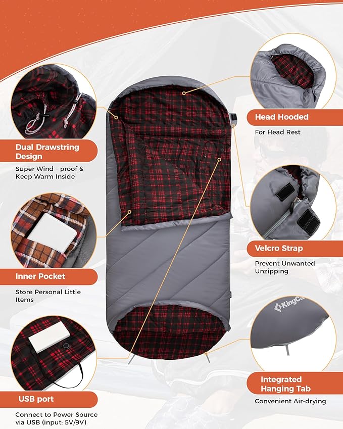 KingCamp Sleeping Bag for Adults, Cold Weather & Warm Extra Wide Big & Tall XL Portable Waterproof Flannel Sleeping Bags, Essentials Gear Accessories for Camping Backpacking Hiking Indoor & Outdoor