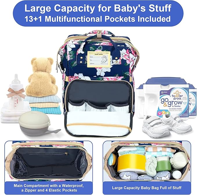 Diaper Bag Backpack with Changing Station, Foldable for Bady Toddler, 3 in 1 Large Capacity Newborn Essentials Organizer with Stroller Hook for Girls and Boys（Blue）