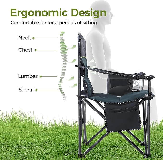 ALPHA CAMP Oversized Camping Chair Heavy Duty Lawn Chair with Cooler Bag Support 450 LBS Steel Frame Collapsible Padded Arm Quad Lumbar Back Folding Chair for Lawn Outdoor