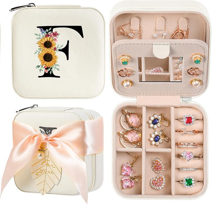 AYGXU Travel Jewelry Box for Women and Girls - Small Case With Initial A-Z - Teacher Gifts