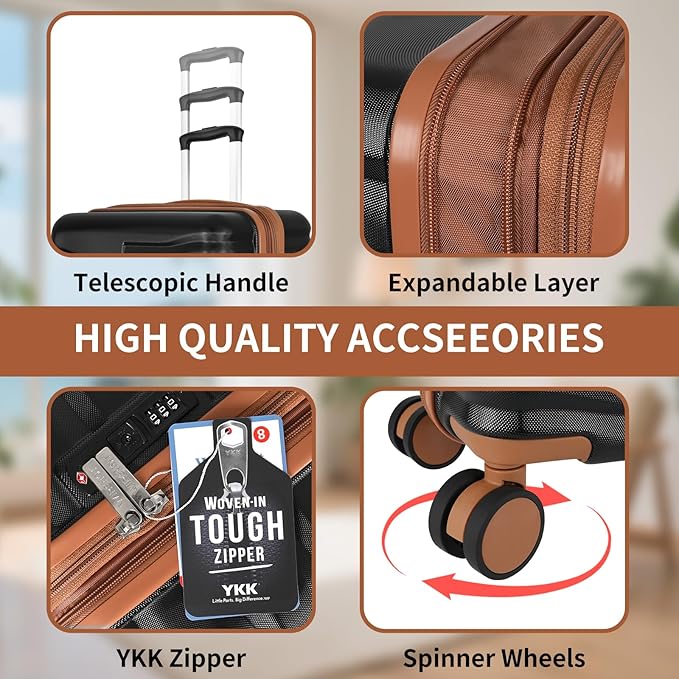 5-Piece Luggage Set, Lightweight ABS+PC Hard Shell Suitcase with YKK Zipper & TSA Lock for Family, Black Brown, 14in/18in/20in/24in/28in