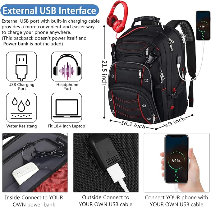 VECKUSON Large 18.4 Inch Laptop Backpack with USB Charger Port, TSA Friendly Flight Approved and RFID Anti-Theft Pocket, Red