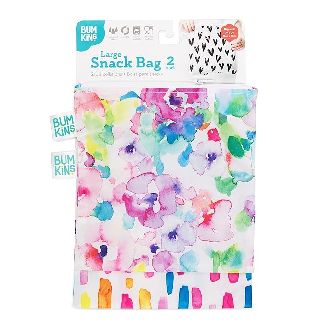 Bumkins Reusable Sandwich and Snack Bags, for Kids School Lunch and for Adults Portion, Washable Fabric, Waterproof Cloth Zip Bag, Travel Pouch, Food-Safe, Large 2-pk Watercolors and Brushstrokes