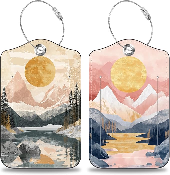 2 Pack Luggage Tags for Suitcases Abstract Pink Mountain Sun Landscape Leather Luggage Tags Privacy Cover ID Label with Stainless Steel Loop and Address Card for Women Men Travel Bag Backpack