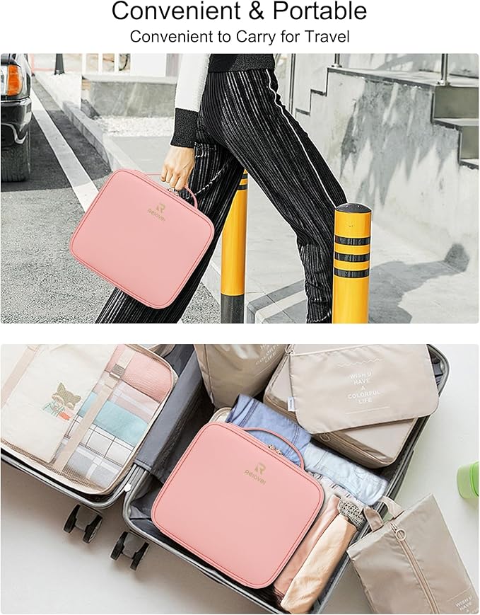 Relavel Makeup Bag with Light Up Mirror, Makeup Case Travel Cosmetic Bags Brush Organizer Storage Box, Rechargeable Vanity Mirror with 3 Color Lights, High Frame Mirror Protection (Pink)