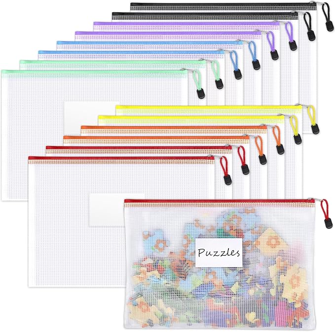 Sooez 14 Pack Mesh Zipper Pouch Bags, A4 Letter Size, Zipper Bags with Label Pocket, Waterproof Pouches for Classroom Organization, Board Game Storage, Document Bag for Teacher School Office Supplies