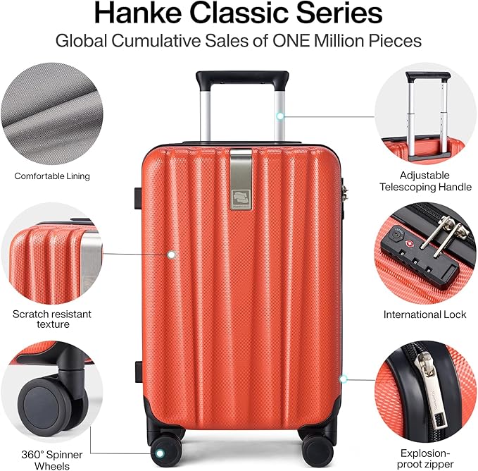 Hanke Luggage Sets 3 piece Carry On Luggage with Wheels PC Hard Shell Suitcases Lightweight Checked Tsa Luggage Extra Large Travel Suitcase Woman Men 20/24/29 Inch （Orange）