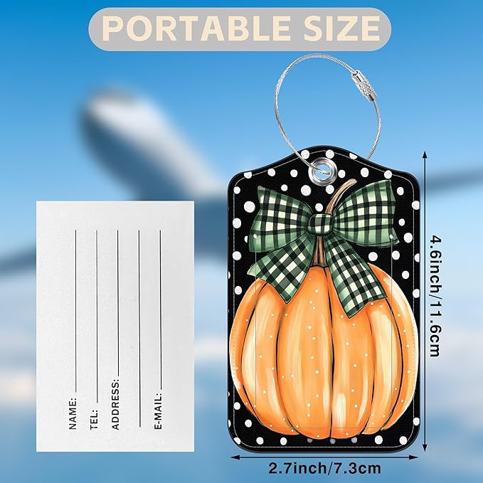 2 Pcs Pumpkin with Checkered Bow Luggage Tags for Suitcases Polka Dots PU Leather Baggage Tags Name ID Label with Privacy Cover and Stainless Steel Loop for Men Women Travel Bag Suitcase