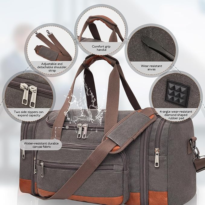 Men'S Duffle Bag For Travel, Expandable Canvas Duffel Bags Overnight Weekend Gym Carry On Luggage Bag For Men(Grey)
