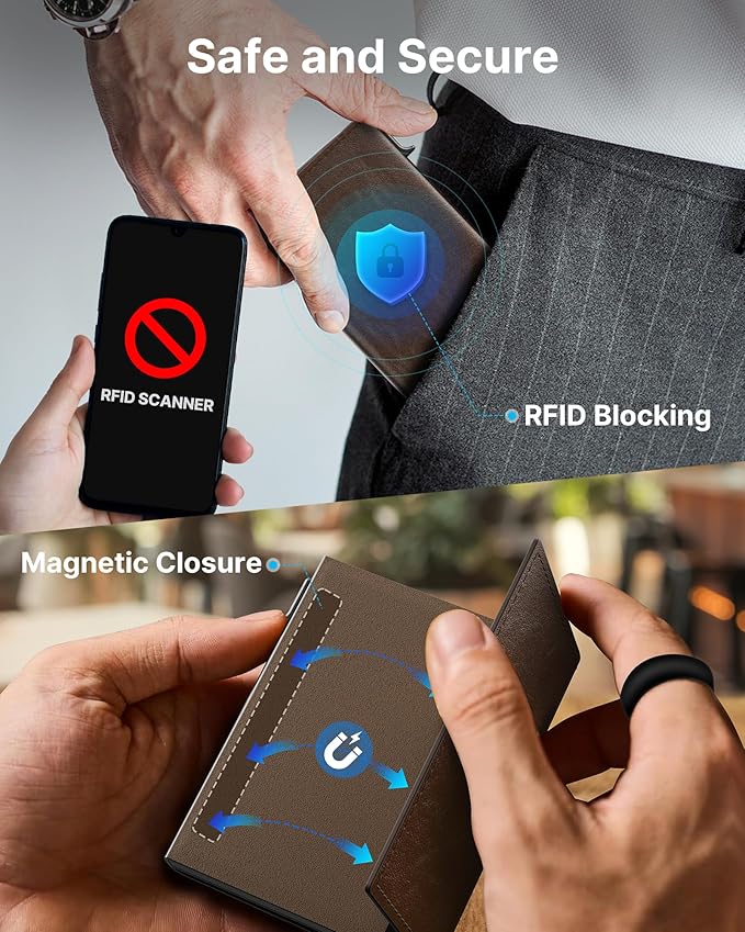typecase Mens Wallet Card Holder: Pop Up Aluminum Case, Genuine Leather, Smart, RFID Blocking, Slim, Minimalist, Front Pocket - 9-14 Card Capacity | ID Window | Cash Slot (Black Brown)