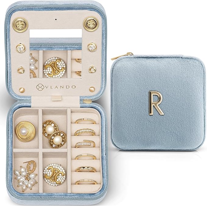 Vlando Travel Jewelry Box for Girls Women, Initial Jewelry Organizer Box Travel Must Haves Jewelry Case for Girls, Necklace Earrings Ring Box Travel Gifts for Sister Daughters - Letter R, Blue