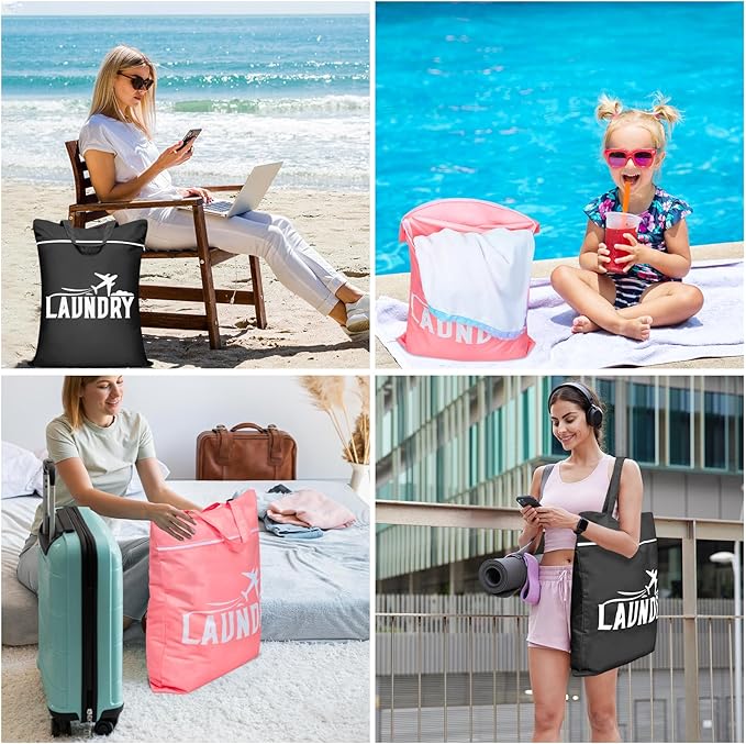 Fiodrimy 2 Pcs Large Travel Laundry Bags - Washable Waterproof Wet Clothes Bags for Gym, Swimming, Yoga & College Dorm (Black+Pink)