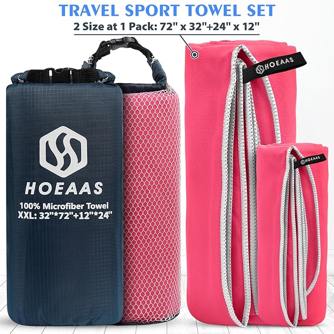 HOEAAS 2 Pack Microfiber Camping Towels, Quick Dry Towel, Super Absorbent Ultra Compact Travel Towel Soft Lightweight Sports Towel for Sweat Fast Drying Towels for Pool,Gym,Hiking,Backpacking,Fitness
