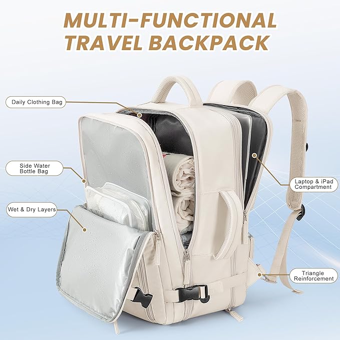 Beraliy Travel Backpack, Large Carry On Backpack, Personal Item Travel Bag, Airline Approved 17 Inch Laptop Backpack, College Weekender Business Hiking Bag, Beige