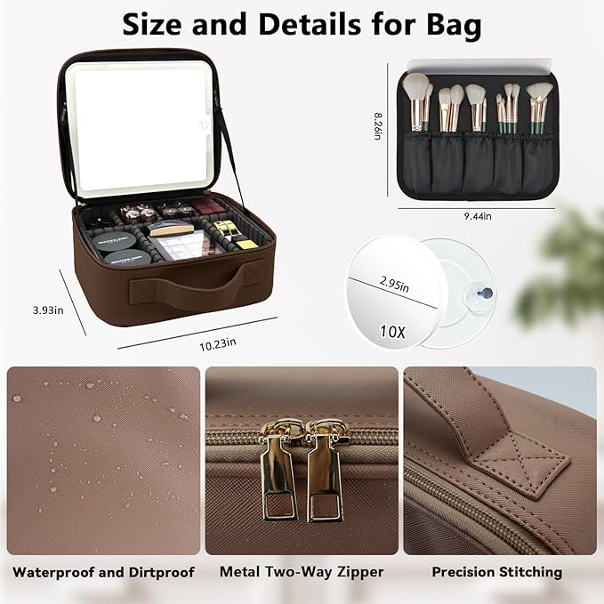 Travel Makeup Bag with LED Mirror and 10x magnifying glass with 3 Lighted Settings, Adjustable Dividers and Makeup Brush Storage Bag Mocha