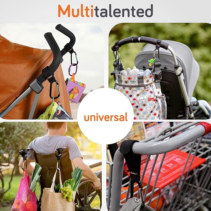 Baby Uma Stroller Hooks for Bags (2 Pack) - Universal Stroller Clips and Hooks, Non-Slip with One-Hand Opening, 11 lb Weight Capacity, Baby Travel Essential