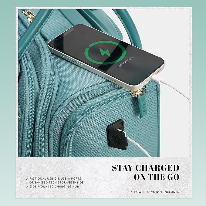 Verage 18x14x8in Spinner Underseat Carry-On Luggage -Airplane Personal Item Bag, USB A&C Charging Port, Padded Laptop Pocket & Wet/Dry Compartments for Women, Misty Aqua