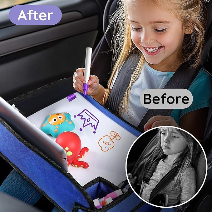 2Pcs‎ Kids Travel Tray, Kids Travel Trays for Car Seat, Road Trip Essentials for Toddler, Carseat Lap Tray with Dry Erase Board & Storage Organizer for Road Trip Activities for Kid, Blue
