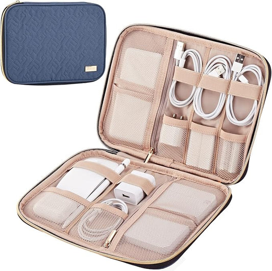 NISHEL Travel Cord Organizer Case, Tech Electronic Bag, Essentials for Charger, Cable, Phone, Hard Drive, USB, SD Card, Aegean-Blue