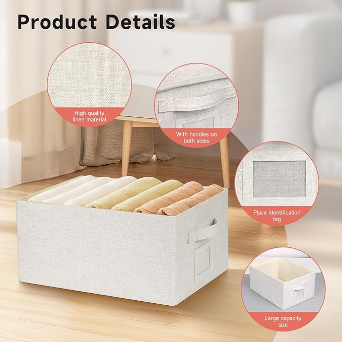Large 17''x12'' Quart Collapsible Stackable Storage Bins with Lids, 6 Packs Off White Fabric Closet Boxes with Lids, Storage Cube Baskets Container Organizers for Bedroom Office(17''x12.2x''8'')