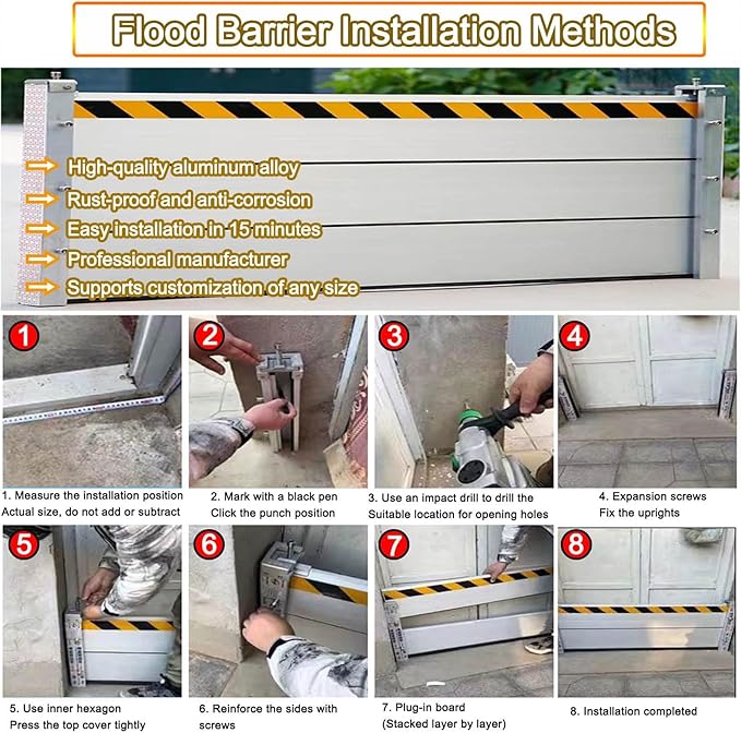 Reusable Flood Barrier, 3/4/5/6/7/8/9/10/11/12/13ft Long Heavy Duty Aluminum Water Barrier Shield for Sliding Glass Door/Driveway/Home Doorway, Removable Stopper Shield with Rubber(H 3.3ft