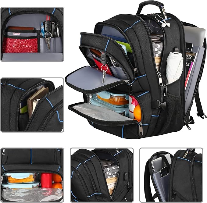 VECKUSON Lunch Bag Backpack, Insulated Cooler Lunch Box Backpack, Extra Large Travel Laptop Backpack TSA Friendly RFID Computer College bag with USB Port for Women Men,Blue