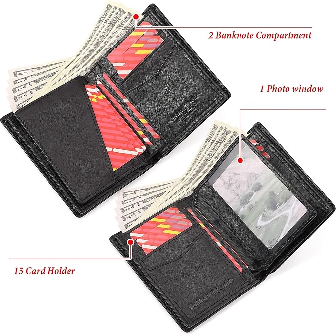 Holder for AirTag Men's Wallet Genuine Leather Purse RFID Blocking Bifold with Anti-Theft Chain,Black with Gift Box (BLACK)
