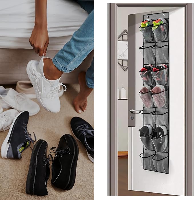 Over The Door Shoe Organizer, 14 Large Mesh Pockets Hanging Shoe Rack for Closet Organizers and Storage, Gray, 2-pack (gray)