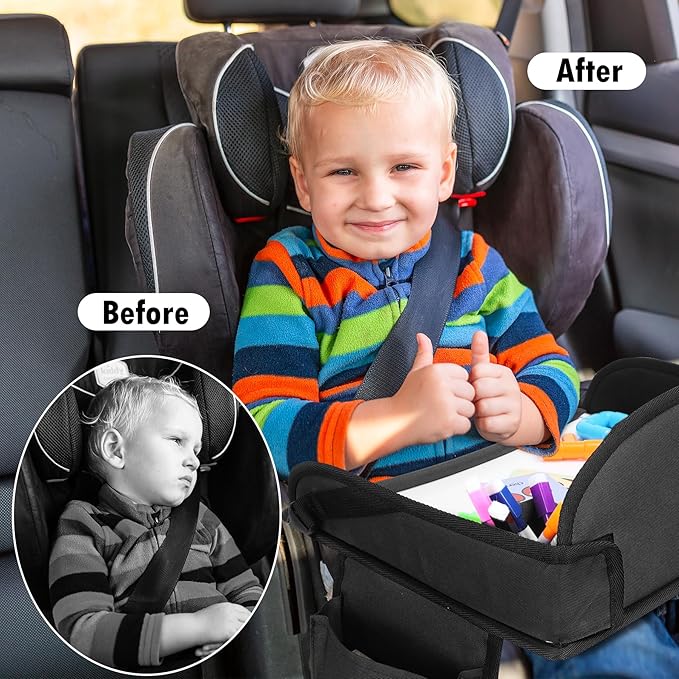 Kids Travel Tray for Toddler Car Seat, Lap Tray for Girl Activities with Dry Erase Board & Cooler Cup Holder, Road Trip Essentials Accessories with No-Drop Large Tablet iPad Holder Stand,2Pc Black