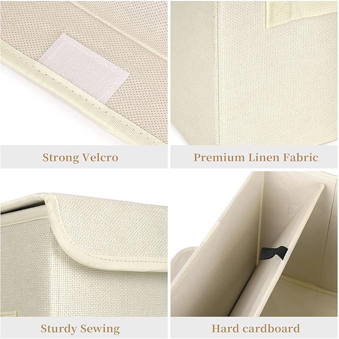 Large 22 Quart [4-Pack] Linen Fabric Foldable Storage Bin Cube Organizer Basket with Flip-Top Lid & Handles, Clothes Blanket Box for Home, Office, Closet (14.6 x 9.5 x 9.5, Beige)
