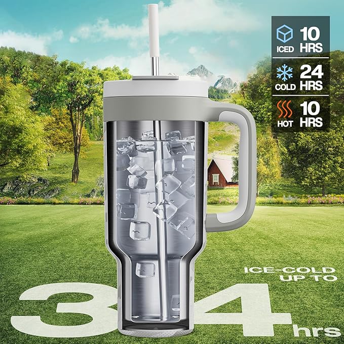 POWCAN 40 oz Camo Tumbler with Handle, 2-in-1 Straw and Sip Lid, Leakproof, Dishwasher Safe, Insulated Stainless Steel Travel Coffee Mug, Keeps Cold for 34 Hours, Car Cup Holder Fit (Clouded Aspen)