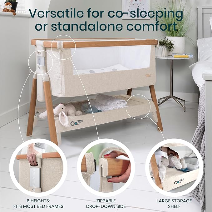 CoZee® 2-in-1 Baby Bassinet & Bedside Sleeper - Fast-Folding Bedside Bassinet, Baby Crib with 6 Mattress Heights & Breathable Mesh Window, Mattress Included, 0-6 Months (Walnut & Ecru)