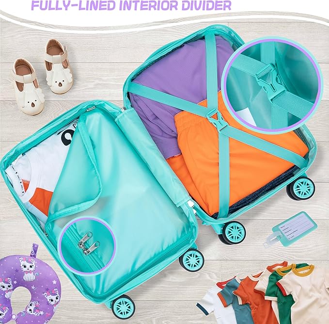 Cute Cat Kid’s Luggage Set 5 Piece Suitcase Set 16’’ Hardside Luggage with Spinner Wheels Girls Boys Carry on Toddler Luggage Travel Rolling Luggage Carry on Luggage Airline Approved