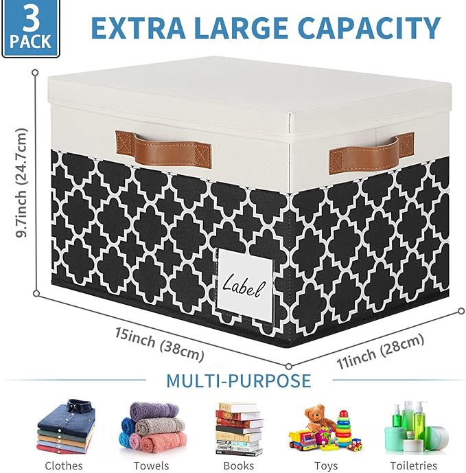 GhvyenntteS Fabric Storage Bins with Lids 3 Pack, Foldable Fabric Storage Boxes with Lids and 3 Handles, Sturdy Closet Organizers and Storage Bins with Label Window for Home (White&Lattice Black)