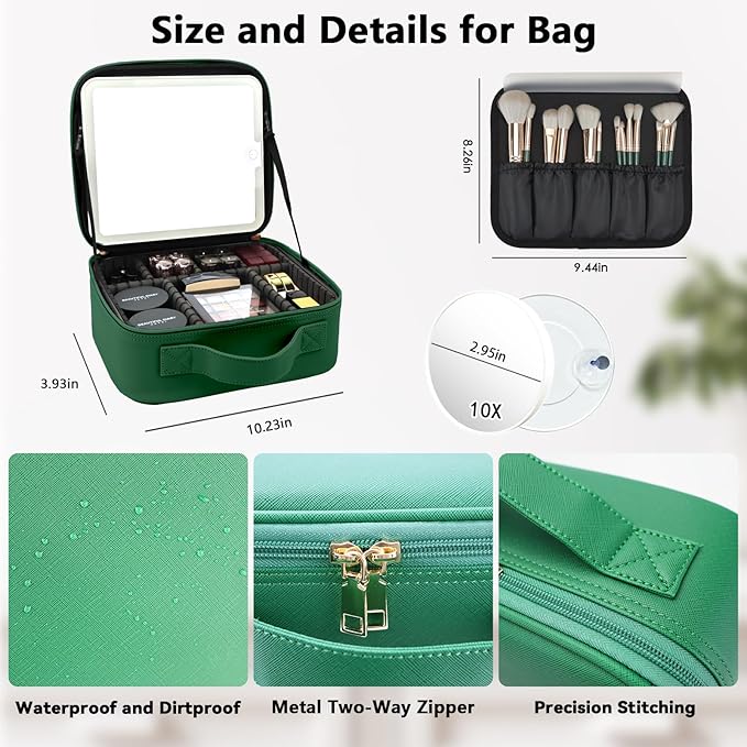 Travel Makeup Bag with LED Mirror and 10x magnifying glass with 3 Lighted Settings, Adjustable Dividers and Makeup Brush Storage Bag Dark Green