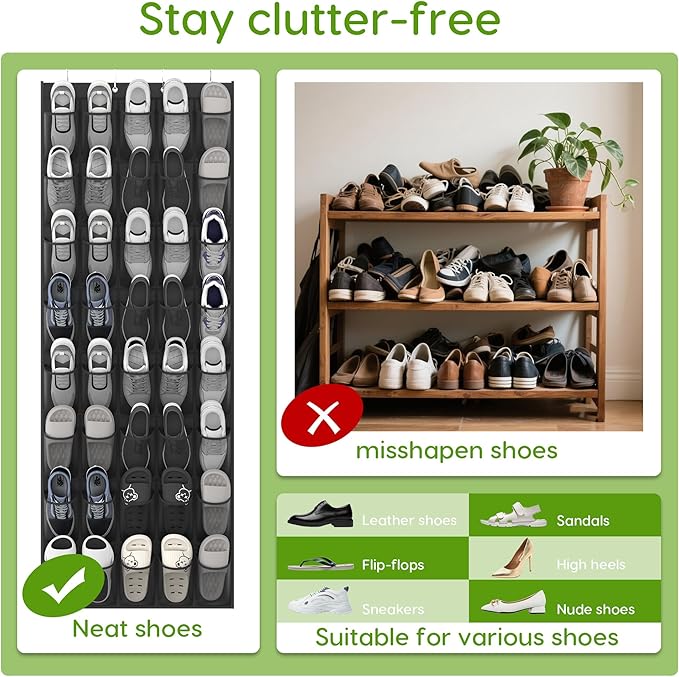 Unjumbly Over the Door Shoe Organizer with 40 Large Breathable Mesh Pockets, Space Saving Shoe Holder, Hanging Shoe Rack for Entryway Bedroom Closet Storage (Black, 40 Pockets)